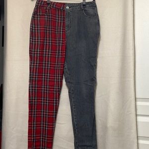 Half plaid / half light black pair of jeans.